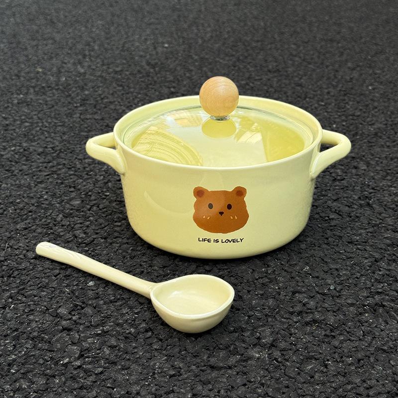 Ins Cream Wind Bear Ceramic Instant Noodle Bowl Student Dormitory Instant Noodle Bowl for Girls Birthday Gift