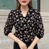 Women Tie Shirt V-neck Long Sleeve Pullover Tops Printing Faux Pearl Loose Fit Blouse Plus Size Streetwear