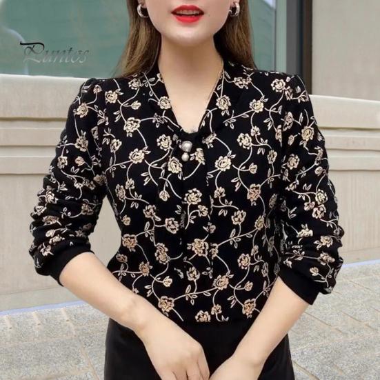 Women Tie Shirt V-neck Long Sleeve Pullover Tops Printing Faux Pearl Loose Fit Blouse Plus Size Streetwear