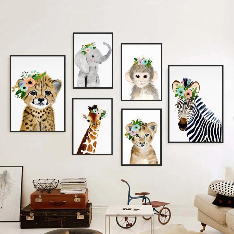 Cartoon Animal Cute Wearing Flower Elephant Zebra Baby Posters And Prints Wall Art Canvas Painting Wall Pictures Kids Room Décor No Frame