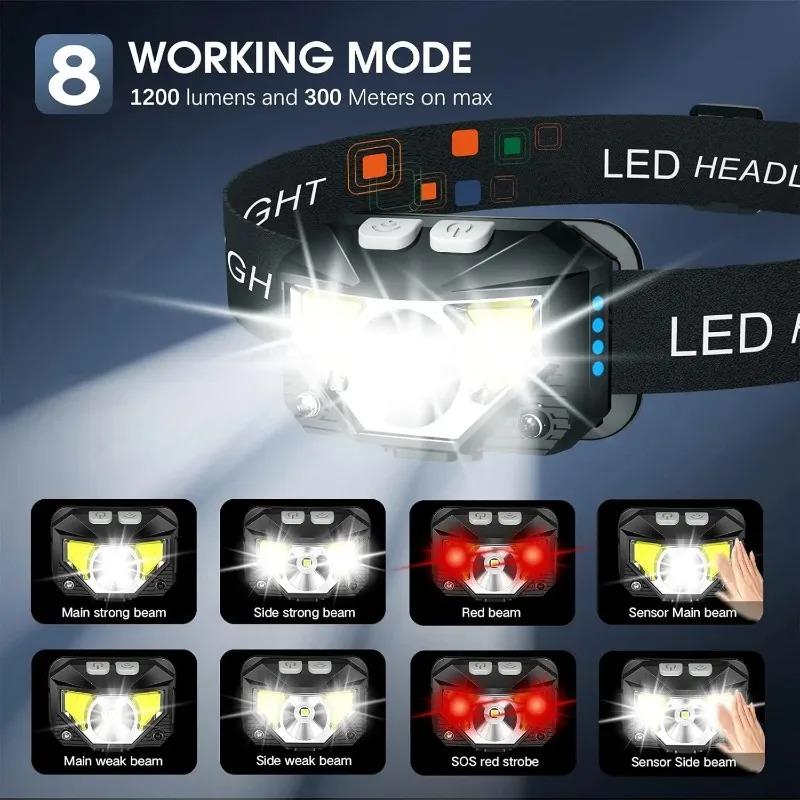 8 Modes LED Headlight Handfress Motion Sensor Powerful Headlamp Head Lamp COB Flashlight Torch Camping Fishing LED Head Light