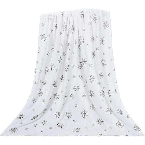 FRAMICS Christmas Throw Blanket, Soft White Winter Fleece Blanket Throw, Silver Snowflake Warm Fuzzy Flannel Blanket for Couch Sofa Decorative