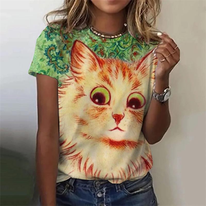 

Модные женские футболки с принтом кота, короткие рукава, женская футболка Harajuku, женская футболка, большие топы с круглым вырезом, женская одежда с животными 6XL
