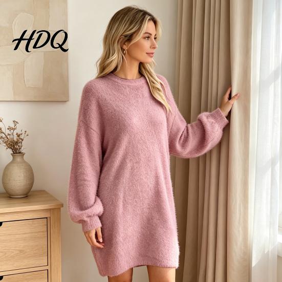 Comfortable Women Fall Outfits Mini Oversized Sweater Dress Long Sleeve Round Neck Knit Pullover Solid Color Tunic Dress Top Winter Loose