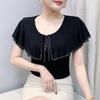 Summer Short Sleeved Women's T Shirt Elegant Slim O Neck Diamond Ruffles Mesh Tee Solid Color