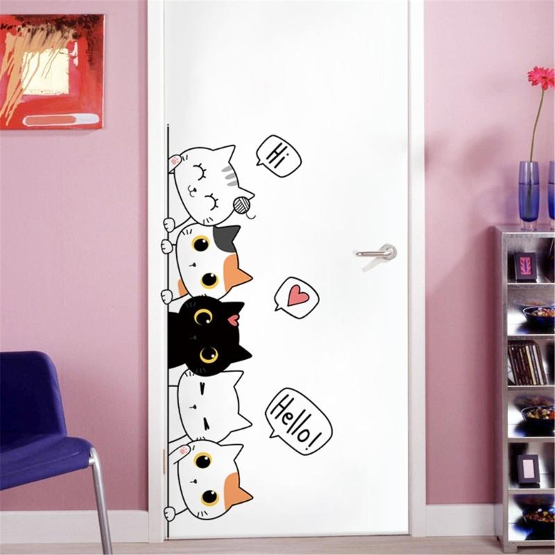 Cartoon Kitten Stacking Door Sticker for Kids Room Nursery Decors Easy to Apply Removable PVC Decal Wall Decoration