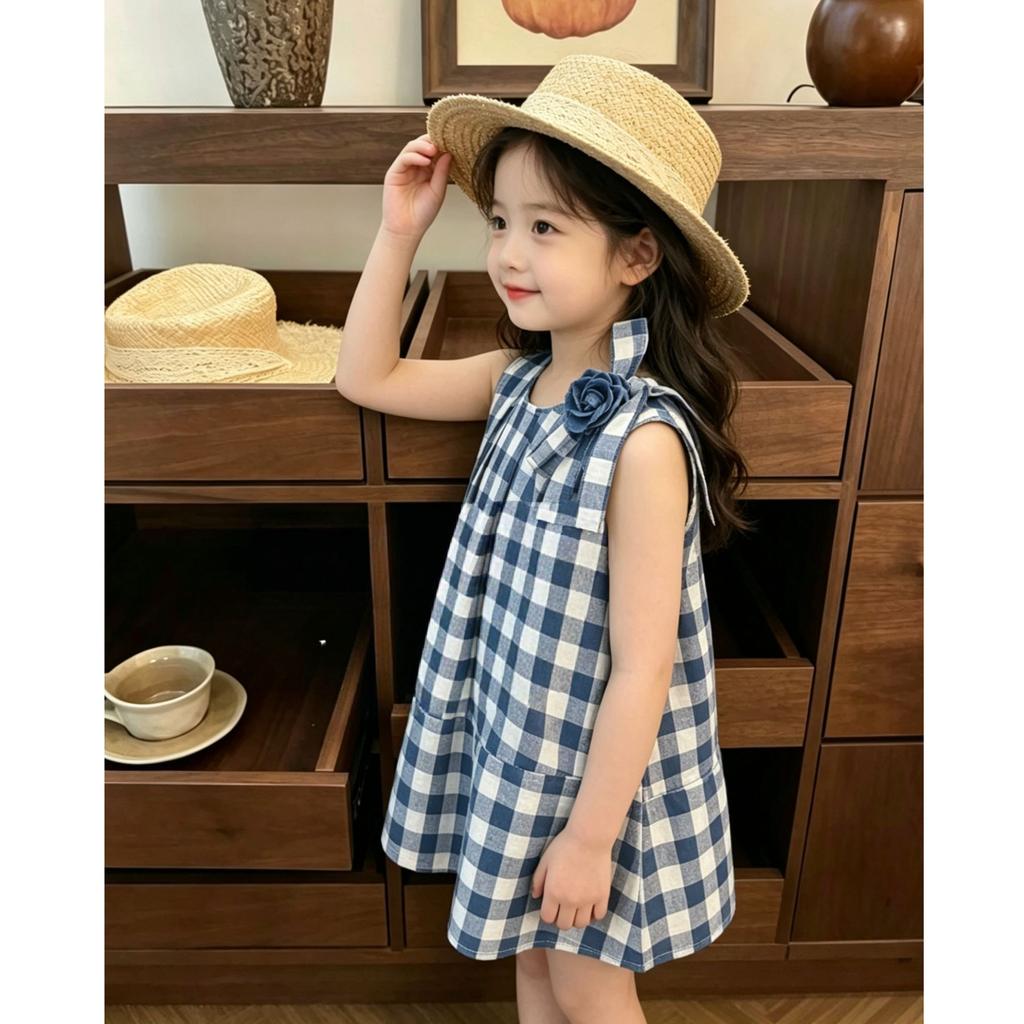 Girls Summer Plaid Sleeveless Vest Dress Baby Fashion Casual Sundress