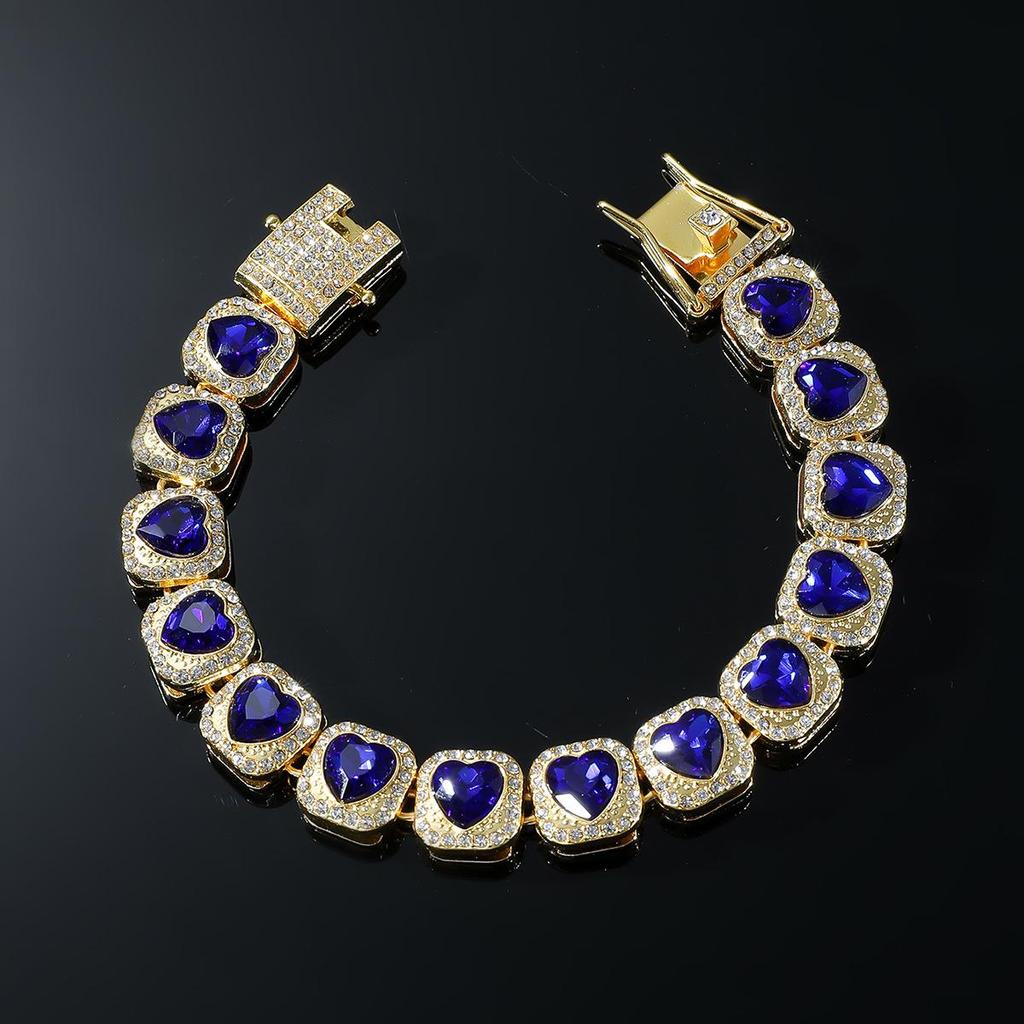 European & American Men's Bold Full Diamond Red Peach Heart Cuban Chain Bracelet - Nightclub Trend Jewelry