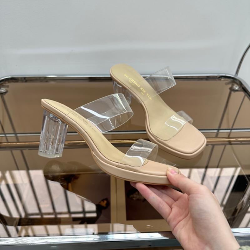 Fashion Shoes Woman 2025 Slippers Summer Luxury Slides Square heel Heeled Mules Jelly Flip Flops Platform Designer Block High Transparen