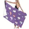 1pc Cartoon Cats Pattern Beach Towel Purple Background Lavender White Cats Sleepy Expressions Bath Towels Soft Microfiber