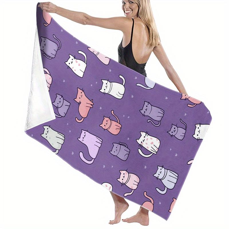 1pc Cartoon Cats Pattern Beach Towel Purple Background Lavender White Cats Sleepy Expressions Bath Towels Soft Microfiber