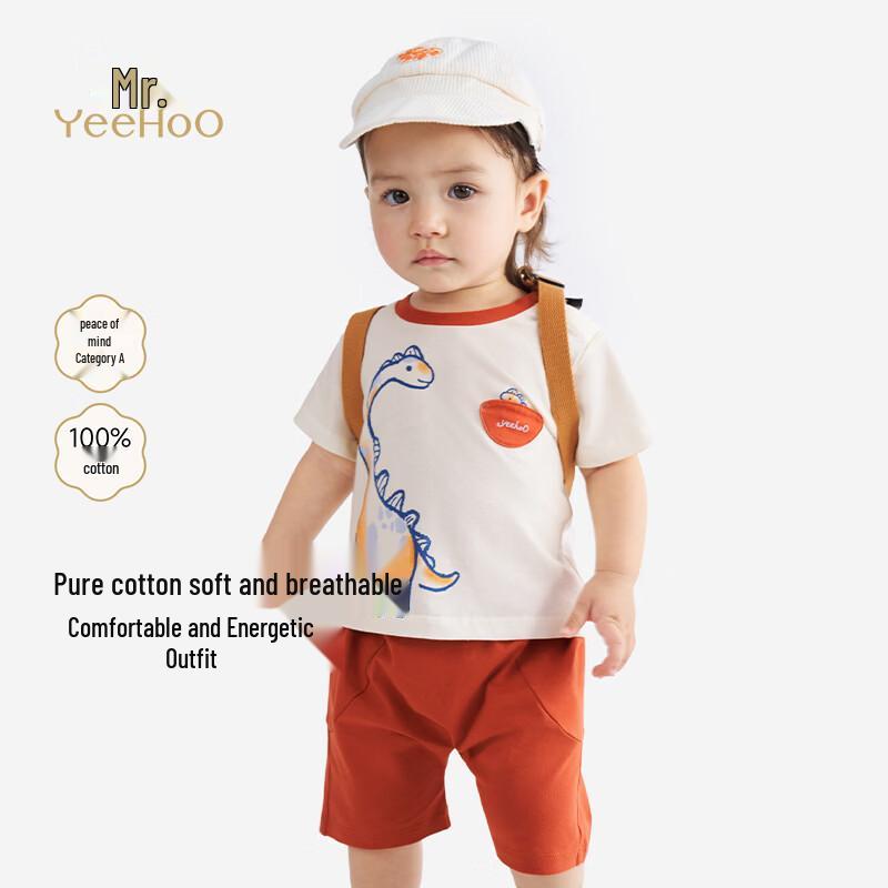 YEEHOO Boys Dinosaur Print Cotton Short Sleeve & Shorts Set 90