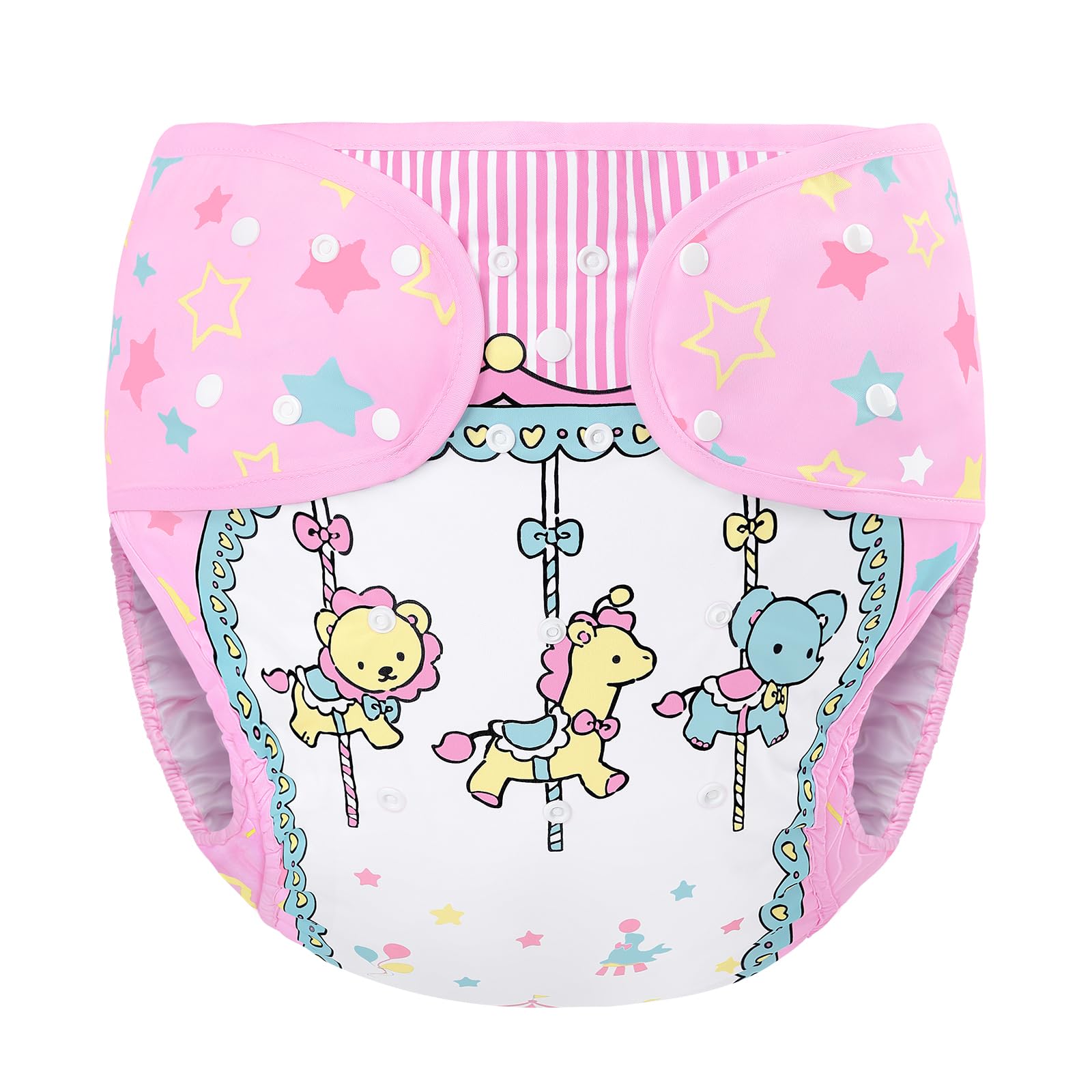 

LittleForBig Adult Diaper Cover with Cute Little Circus Design, Adjustable Waist and Length, Snap Closure, Leak-Proof, Breathable, and Washable