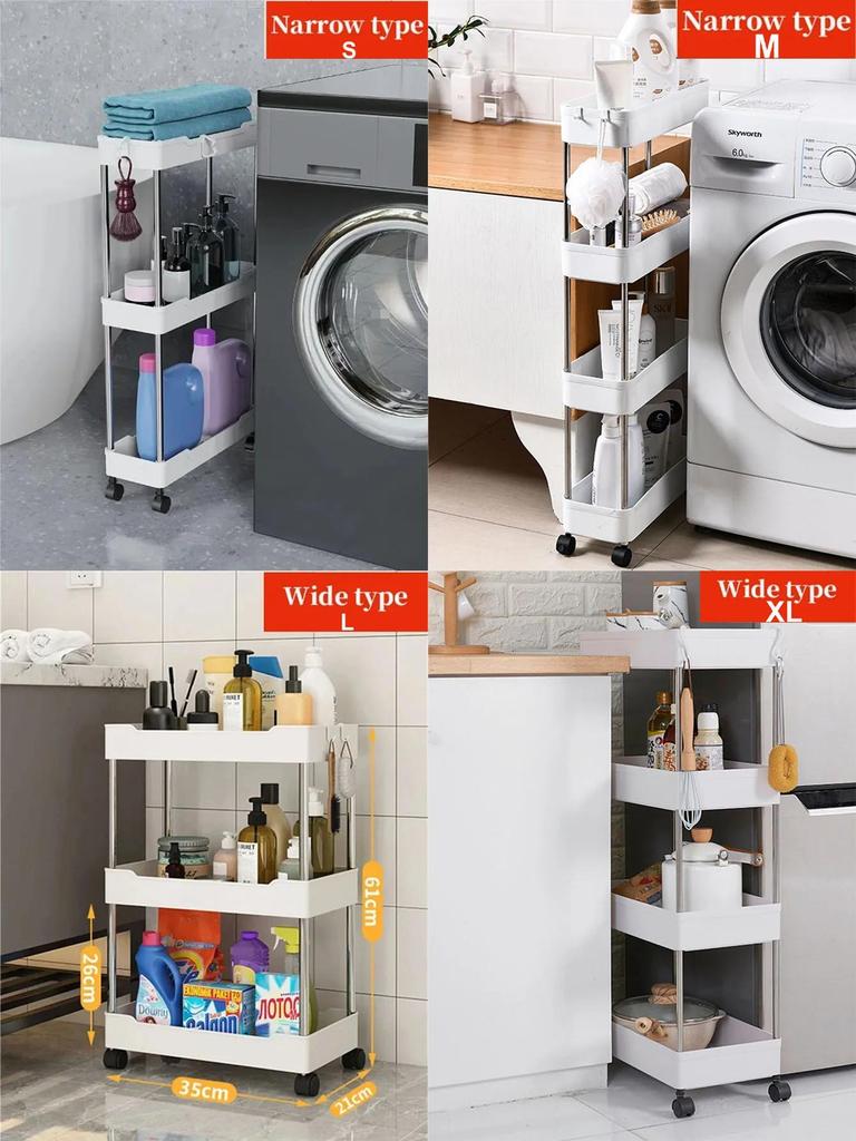 3/4 Layer Multi-layer Trolley Storage Rack with Pulleys and Hooks Kitchen Bathroom Living Room Removable Gap Storage Rack