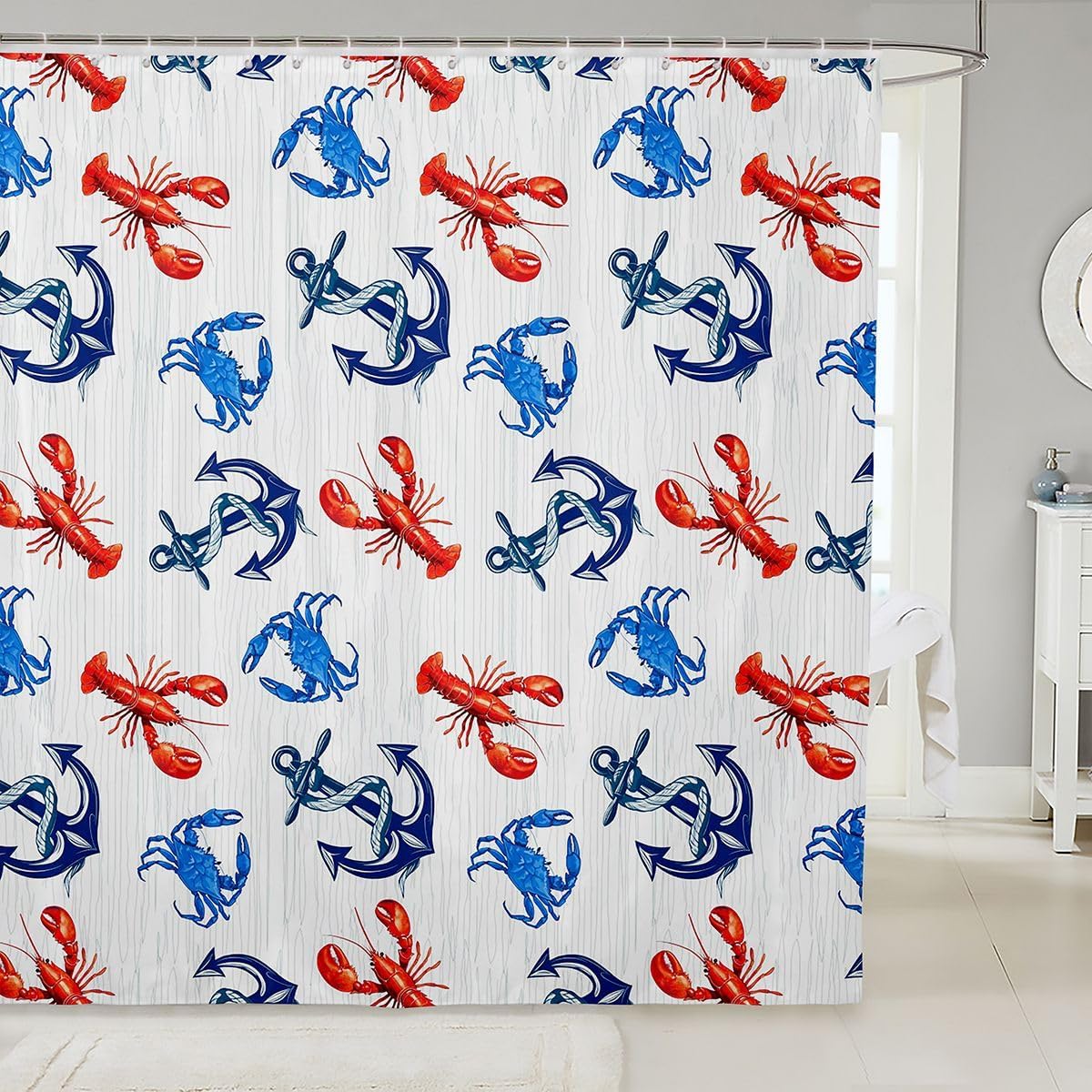 

Nautical Lobster Anchor Pattern Waterproof Shower Curtain 180X180Cm - Funny Marine Theme Fabric Bath Curtain For Kids & Adults W60H190(CM)-1 Pcs