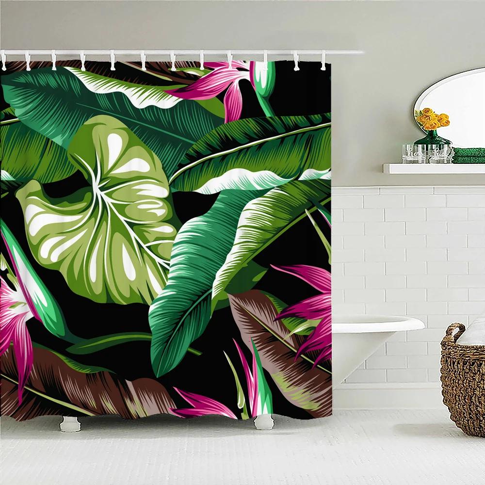 Tropical Plant Leaves Bath Curtain Waterproof Fabric Shower Curtains Colorful Palm Leaf Print Bathtub Screen for Bathroom Decor