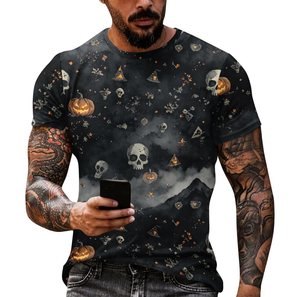 Men's Halloween Print Short Sleeve T Shirt Loose Casual Summer Daily Top Crew Neck Comfortable Fit for Outdoor Indoor Wear