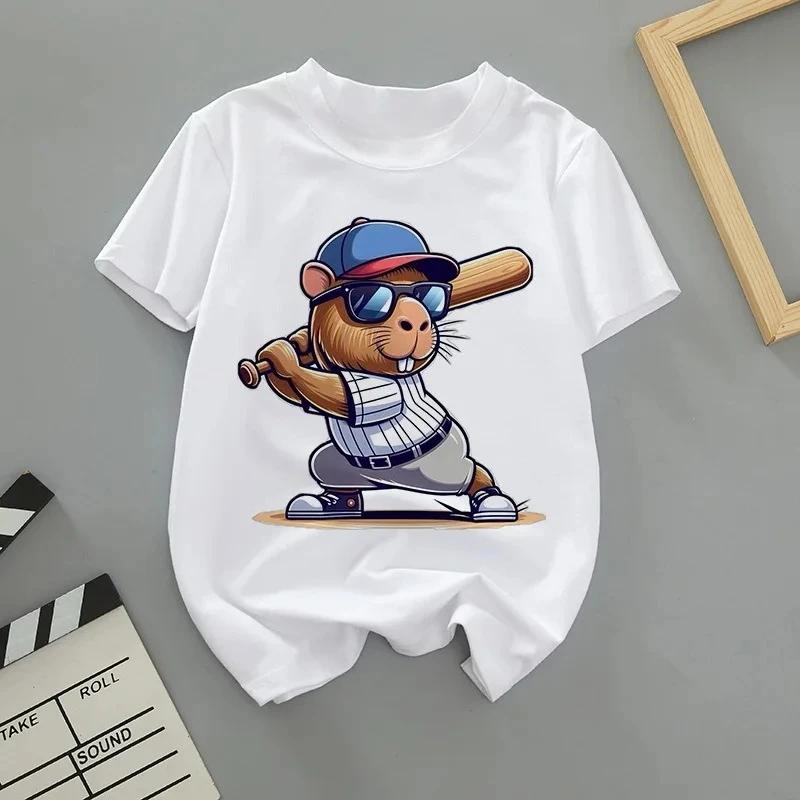 Summer Cute Capybara Print Children T-shirt Short-sleeved Fashion Boys and Girls Round-neck Baby Kid Tshirt Trend