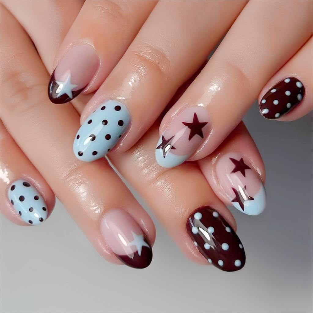 24PCS Blue Brown False Nails Star Polka Dot Press On Nails False Nails Press On Nails Women Daily Wear Wearable False Nails