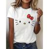 Dámské tričko Sanrio Hello Kitty - Ikonický obličej a podpisový potisk, Krátký rukáv, Kulatý výstřih, Ležérní letní top, Vhodné na léto a jaro