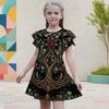 Girls Round Neck Flutter Sleeve Black Tree Floral Printed A Line Flared Dress