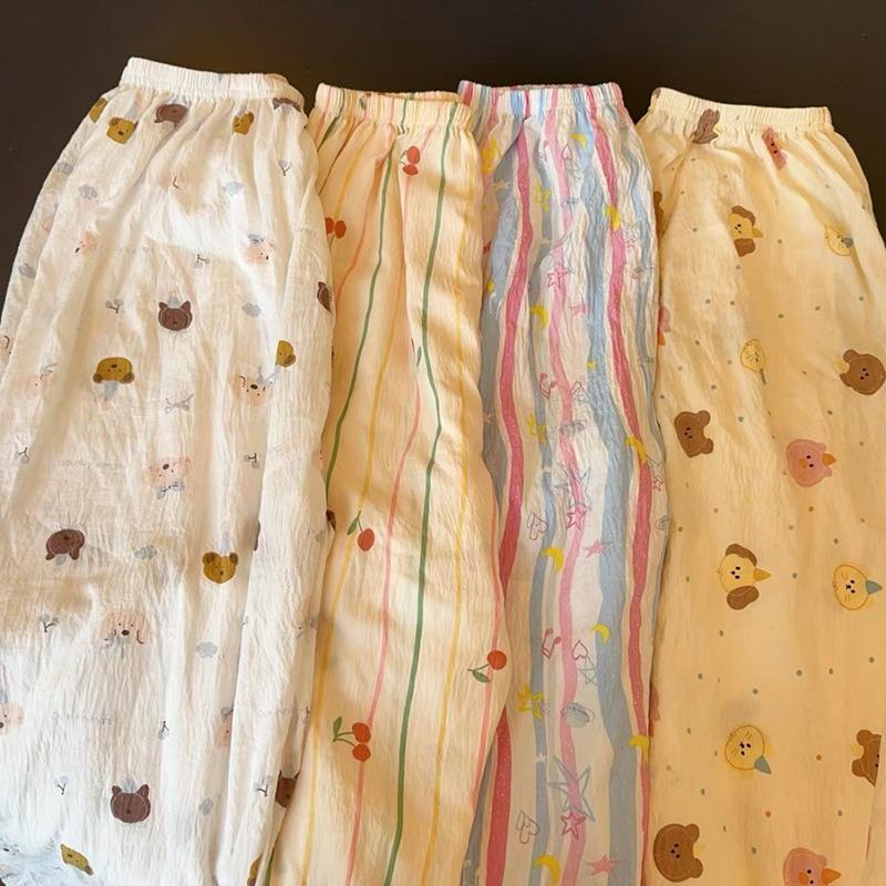 Women's Summer Sleep Pants Thin White Dog Lounge Pants Cute Casual Loose High Waist Straight Wide Leg Comfy Cotton Loungewear