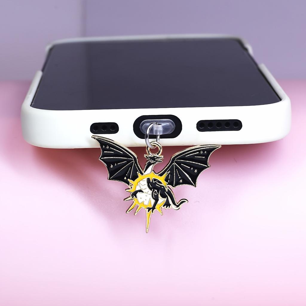 Mobile Phone Dust Plug, Fashionable Black and White Moon, Flying Dragon Bat Wing Pendant Mobile Phone Dragon Series Style, Ideal Best Gift, Halloween