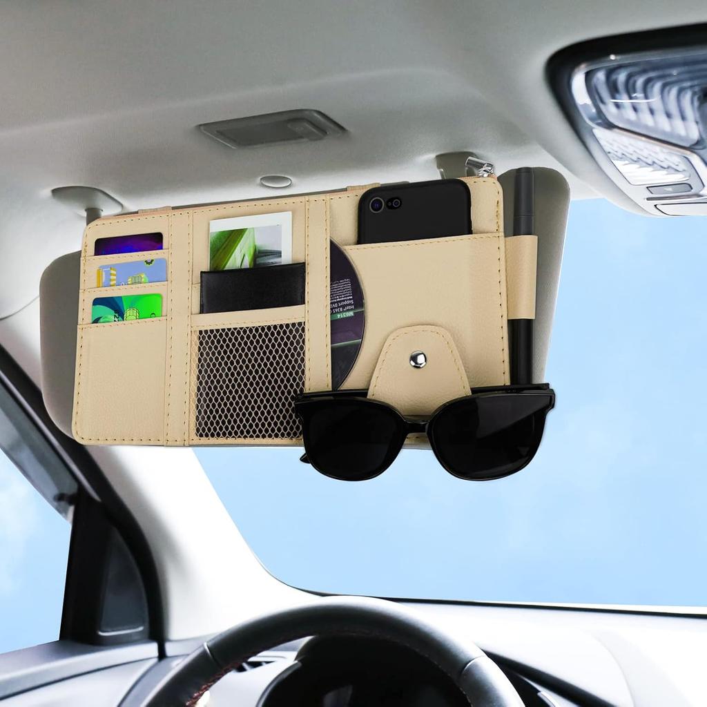 Car Sun Visor Organizer, Leather Pocket Organizer Sunglass Holder For Car Interior Accessories With Multi-Pocket Net Zipper (Beige)