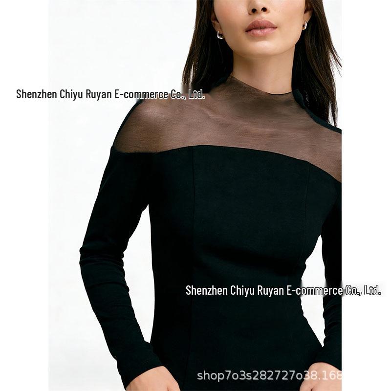 Spicy Girl High Neck Mesh See-Through Slimming Patchwork Long Sleeve Top Medium чёрный