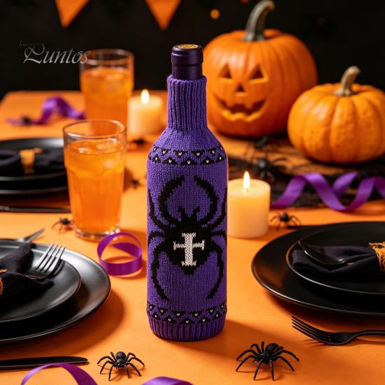 Spider Web Wine Decoration Halloween Bottle Sweater, Reusable Knitted Champagne Cover, Pumpkin Skull Cover Pattern Sleeve for Dining Room Table Decor