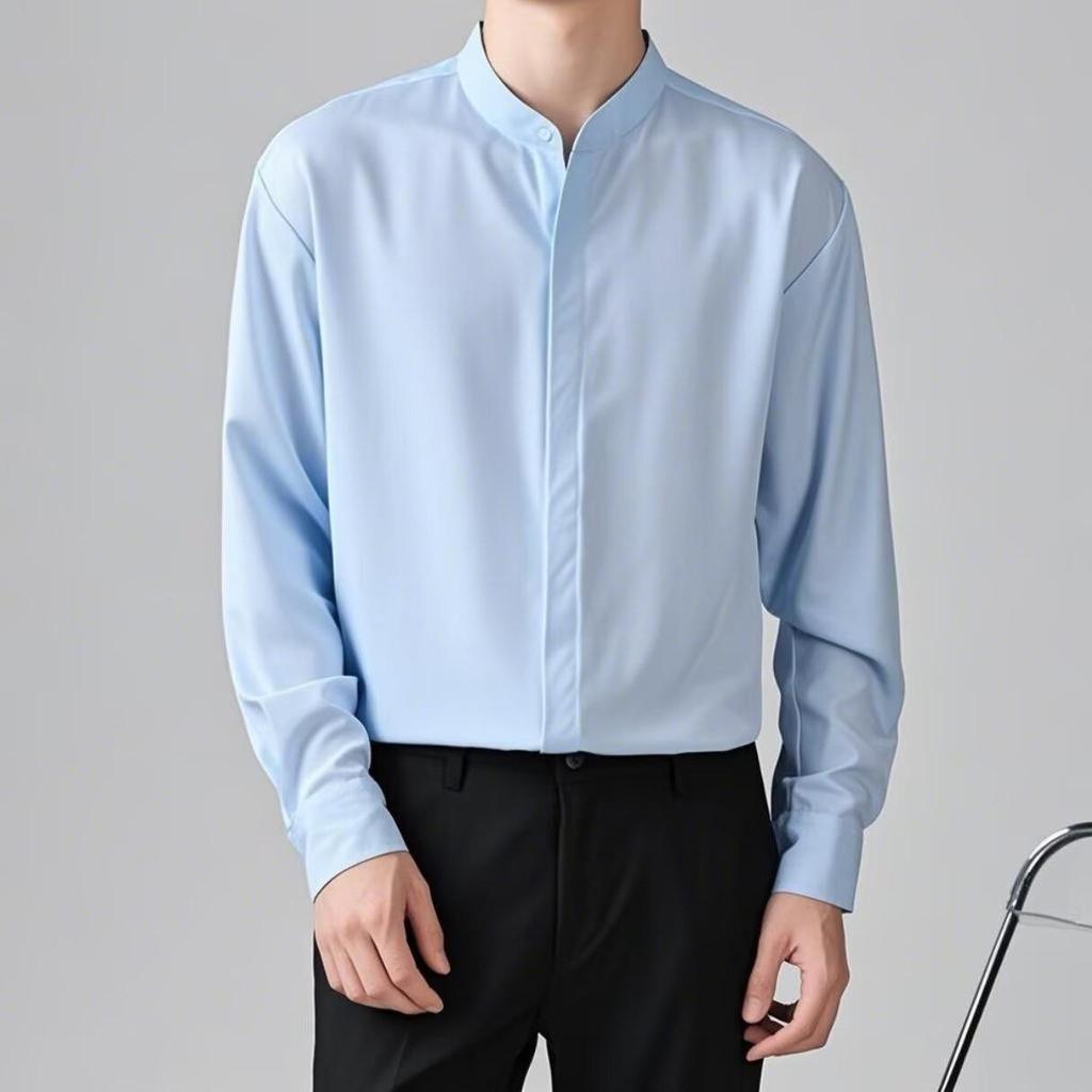 Men's High-End Slim Fit White Shirt with Stand Collar and Hidden Buttons – Long Sleeve Business Attire.