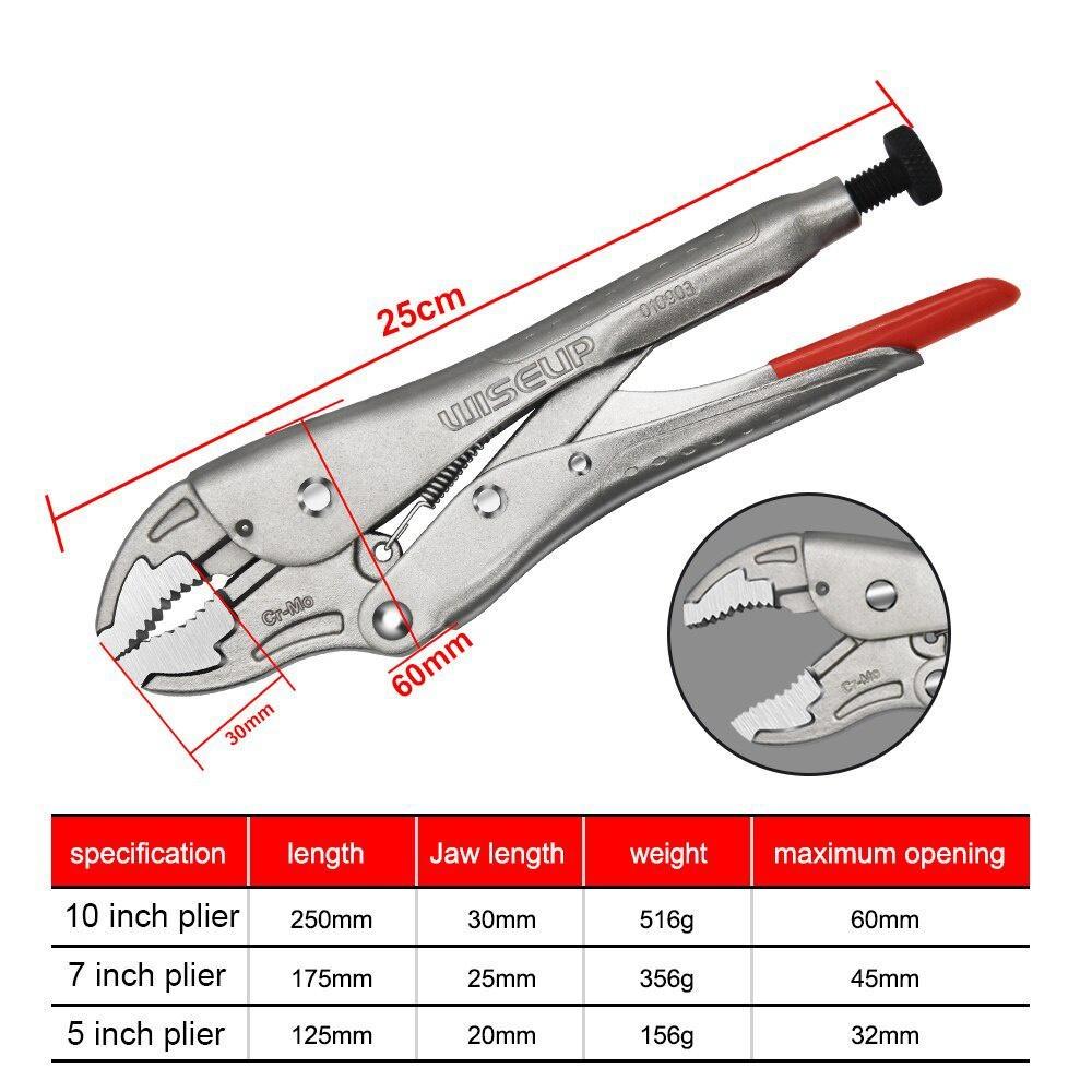 WISEUP 5" 7'' 10'' Curved Jaw Locking Plier Adjustable Nut Pliers Set For Water Pipe Car Mechanical Maintenance Home Hand Tools
