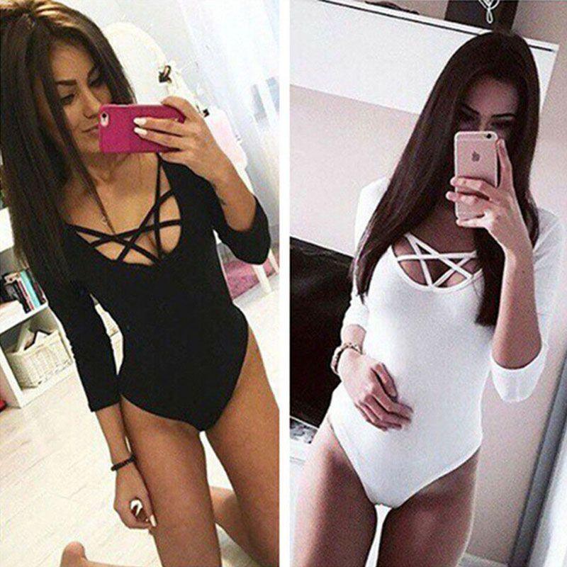 Eleganter Damen V-Ausschnitt Tiefer Ausschnitt Langarm Einfarbig Stretch Body Catsuit Leotard Top