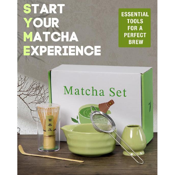 Matcha Whisk Set - 5PCS Matcha Set Includes 17OZ Chawan with Spout, Bamboo Chasen Whisk with Ceramic Holder, Mat cha Scoop and Stainless Sifter,