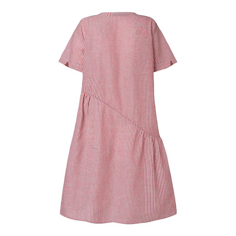 ZANZEA Damen Sommer Rundhals Kurzarm Casual Streifen Kleid