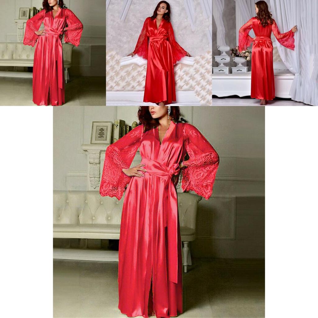 Elegante Camicia da Notte da Donna in Raso di Seta con Pizzo Lingerie Kimono Abbigliamento da Notte Lunga Vestaglia
