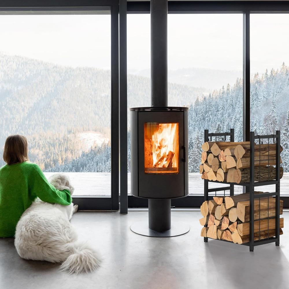 2-Tier Firewood Holder with 4 Hooks Heavy Duty Indoor Outdoor Rack for Fireplace, Fire Pits,Stoves Black Wood Storage Organizer