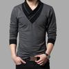 T-shirt da uomo a maniche lunghe slim fit, T-shirt con colletto patchwork, T-shirt da uomo con scollo a V, T-shirt in cotone