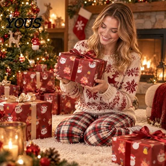 Santa Claus Pattern Gift Wrap 5 Sheets Christmas Wrapping Paper Set, Large with Birthday Packaging Supplies Double-Sided Tape And Bows, Snowflake