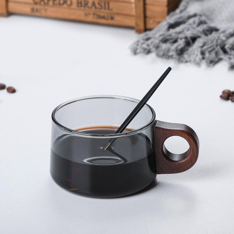 200ml American Latte Glass Coffee Mug With Wooden Tray Handle High Borosilicate Milk Tea Cup Fresh Ground Coffee Cup Set