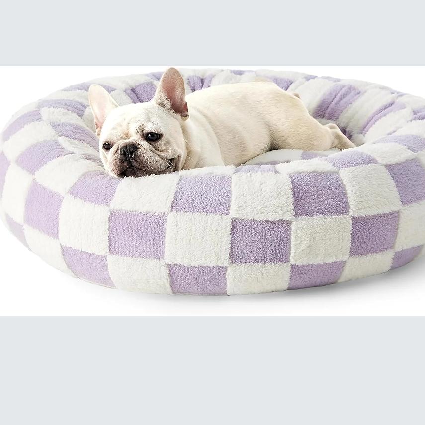 

Современная лежанка для кошек с жаккардовым лохматым плюшем - Круглая лежанка-пончик для домашних животных для снятия тревоги, Противоскользящая ортопедическая лежанка для маленьких собак 50*50*18