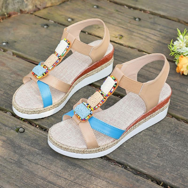 

Fashion Slope Heel Flat Sandals Summer New Round Head Open Toe Beaded Color Waterproof Platform Straw Braid Sole Non-slip High Heels 43 синий