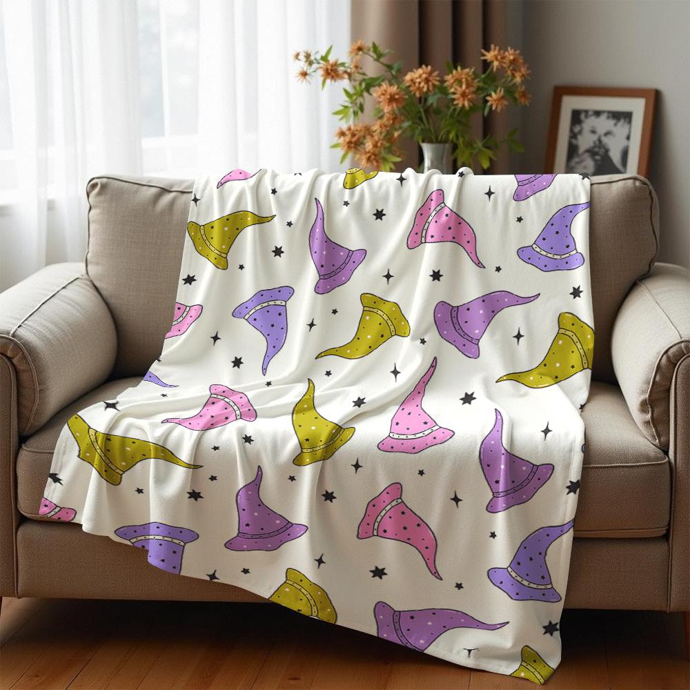 Pastel Witch Hat Soft Flannel Blanket Breathable Warm Throw for Office Car Sofa Kids Room Birthday Xmas Gift