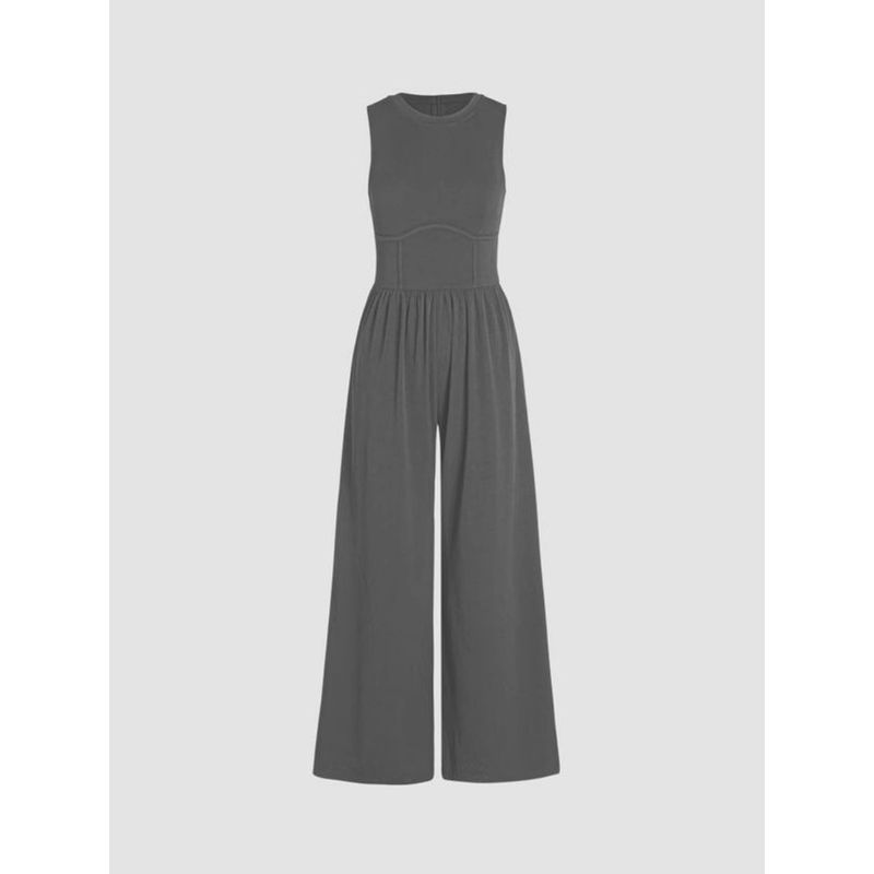 European and American Spring and Autumn Solid Vest High Waist Slim Fit Jumpsuit Round Neck Wide Leg Straight Trousers Women Clothes