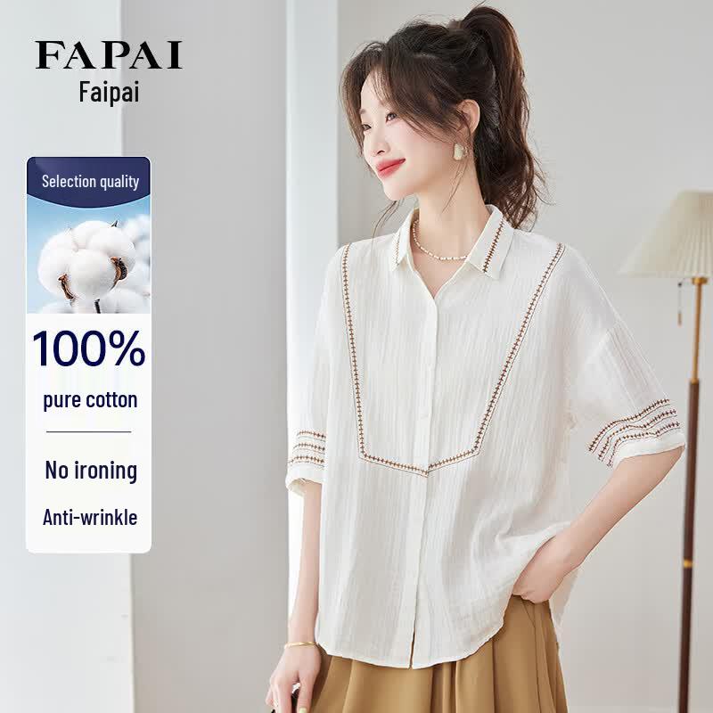 FAPAI Women s Pure Cotton Short-Sleeve Lapel Shirt M