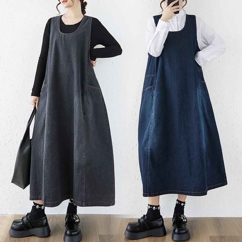 DIMANAF Women Plus Size Denim Dress Sleeveless Maxi Long Dress Cottton Vintage Loose Casual Dresses