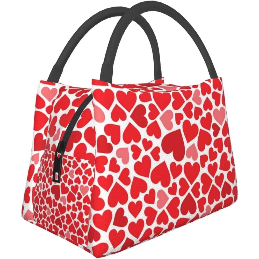 Red Heart Pattern Valentine's Day Lunch Bag Portable Reusable Insulated Lunch Box for Women Men Tote Bag for Work Travel Picnic