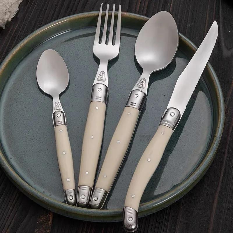 4-6pcs Ivory White Cutlery Set Stainless Steel Laguiole Tableware Elegant Dinner Set Western Knife Fork Spoon Teaspoon Xmas