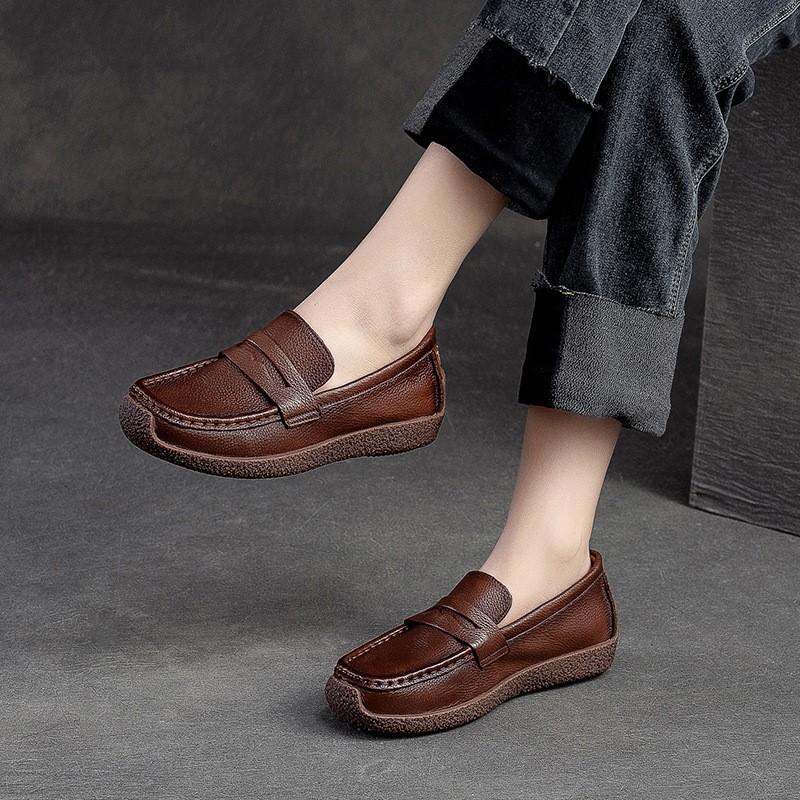 Johnature Scarpe basse da donna in vera pelle retrò fatte a mano Mocassini casual con punta rotonda con suola morbida e poco profonda