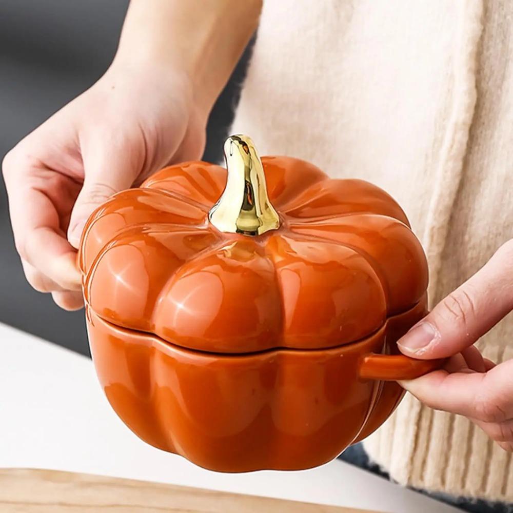 6.5inch Ceramic Bowl With Lid And Handle Pumpkin Ramekins For Baking Casserole Dish Individual Severing Pot Oven Safe